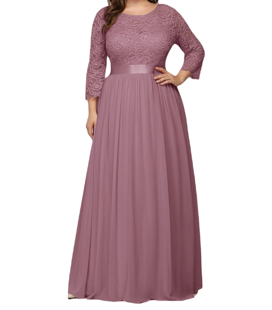 Vestido Elegante de Fiesta Largo Curvy Mauve Lila con Encaje Cuello Redondo Manga 3/4 T.Ch y Tallas Extra