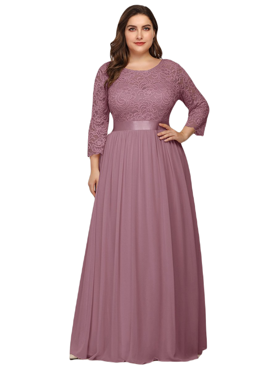 Vestido Elegante de Fiesta Largo Curvy Mauve Lila con Encaje Cuello Redondo Manga 3/4 T.Ch y Tallas Extra