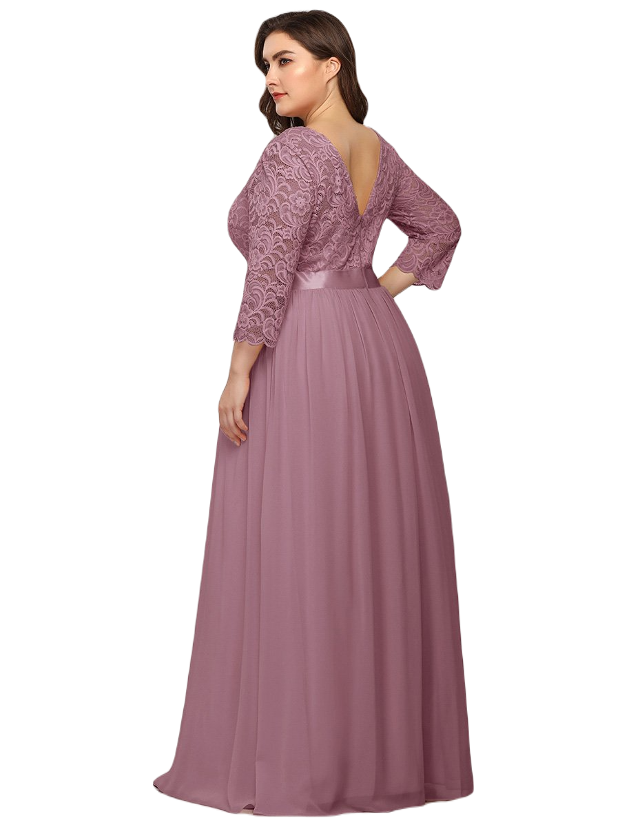 Vestido Elegante de Fiesta Largo Curvy Mauve Lila con Encaje Cuello Redondo Manga 3/4 T.Ch y Tallas Extra
