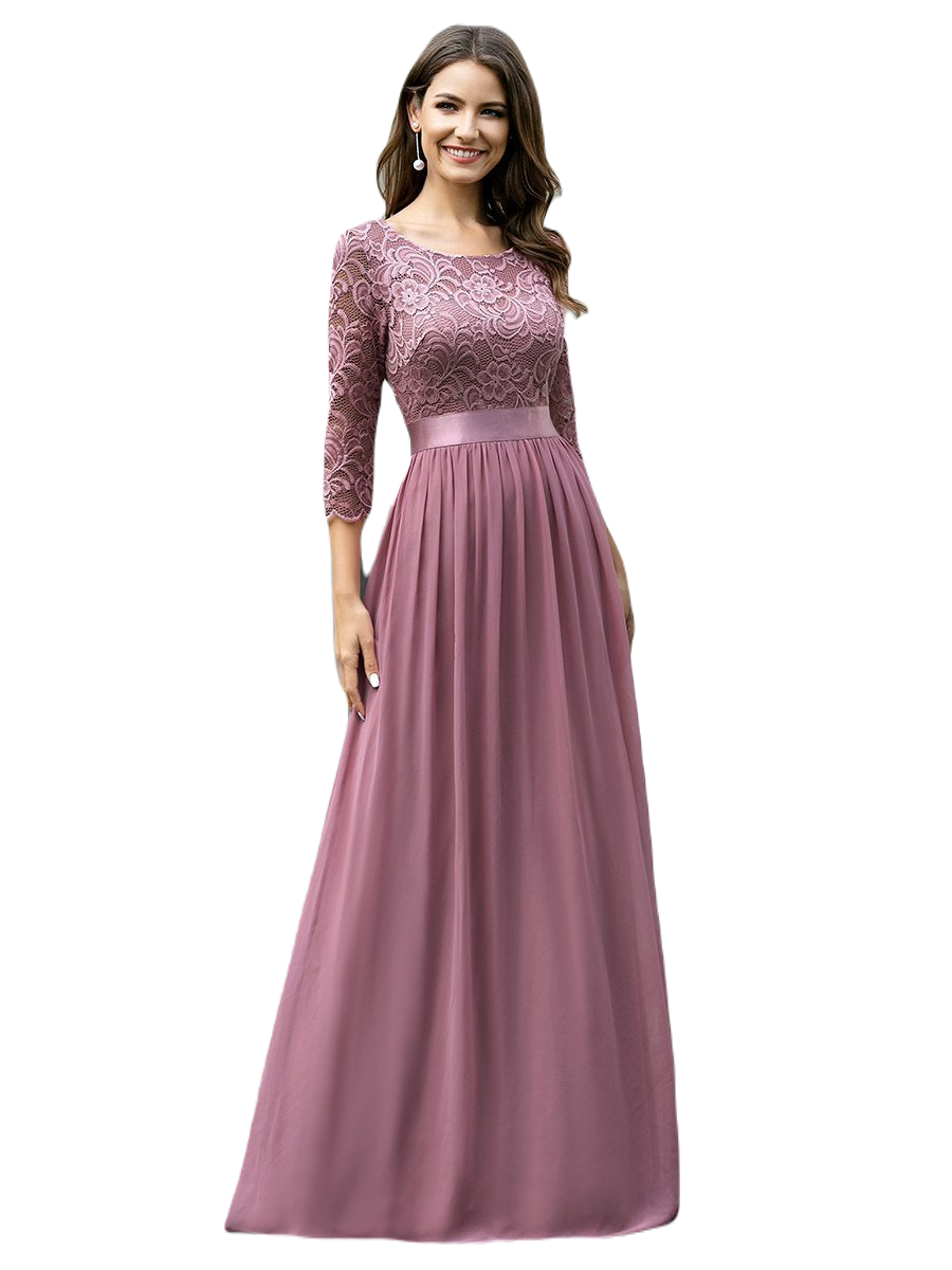 Vestido Elegante de Fiesta Largo Curvy Mauve Lila con Encaje Cuello Redondo Manga 3/4 T.Ch y Tallas Extra