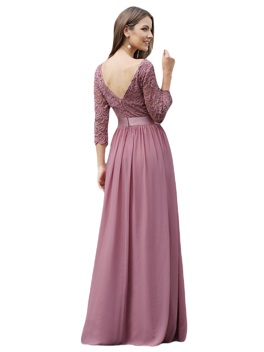 Vestido Elegante de Fiesta Largo Curvy Mauve Lila con Encaje Cuello Redondo Manga 3/4 T.Ch y Tallas Extra