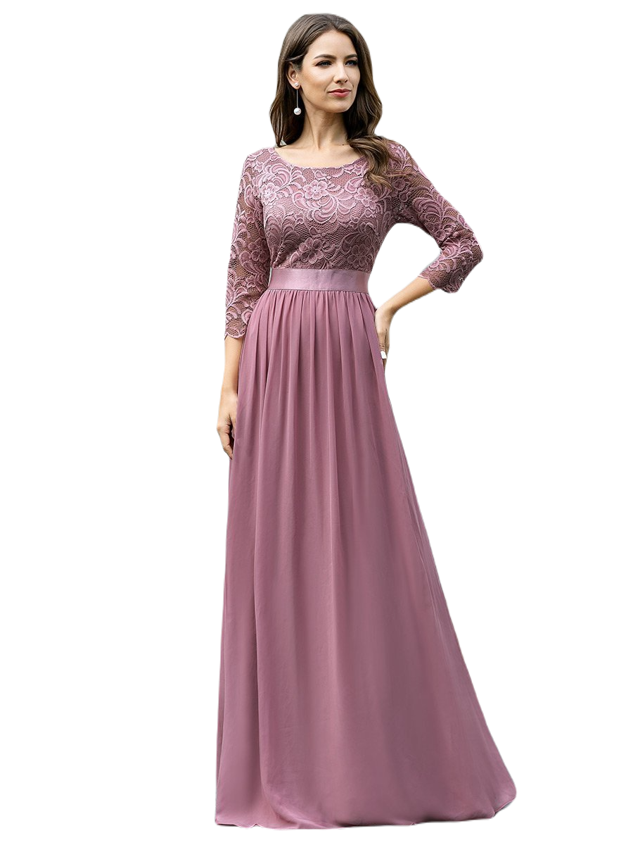 Vestido Elegante de Fiesta Largo Curvy Mauve Lila con Encaje Cuello Redondo Manga 3/4 T.Ch y Tallas Extra