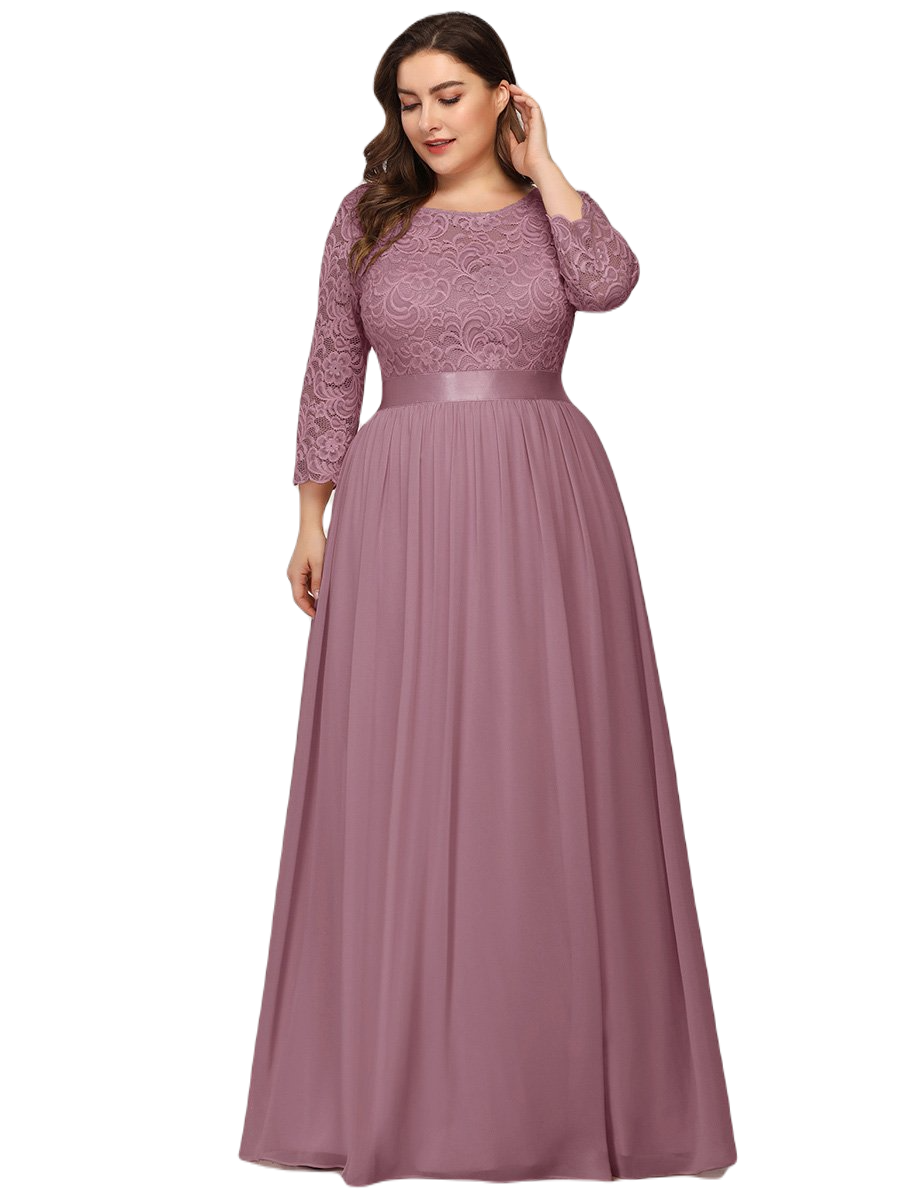 Vestido Elegante de Fiesta Largo Curvy Mauve Lila con Encaje Cuello Redondo Manga 3/4 T.Ch y Tallas Extra