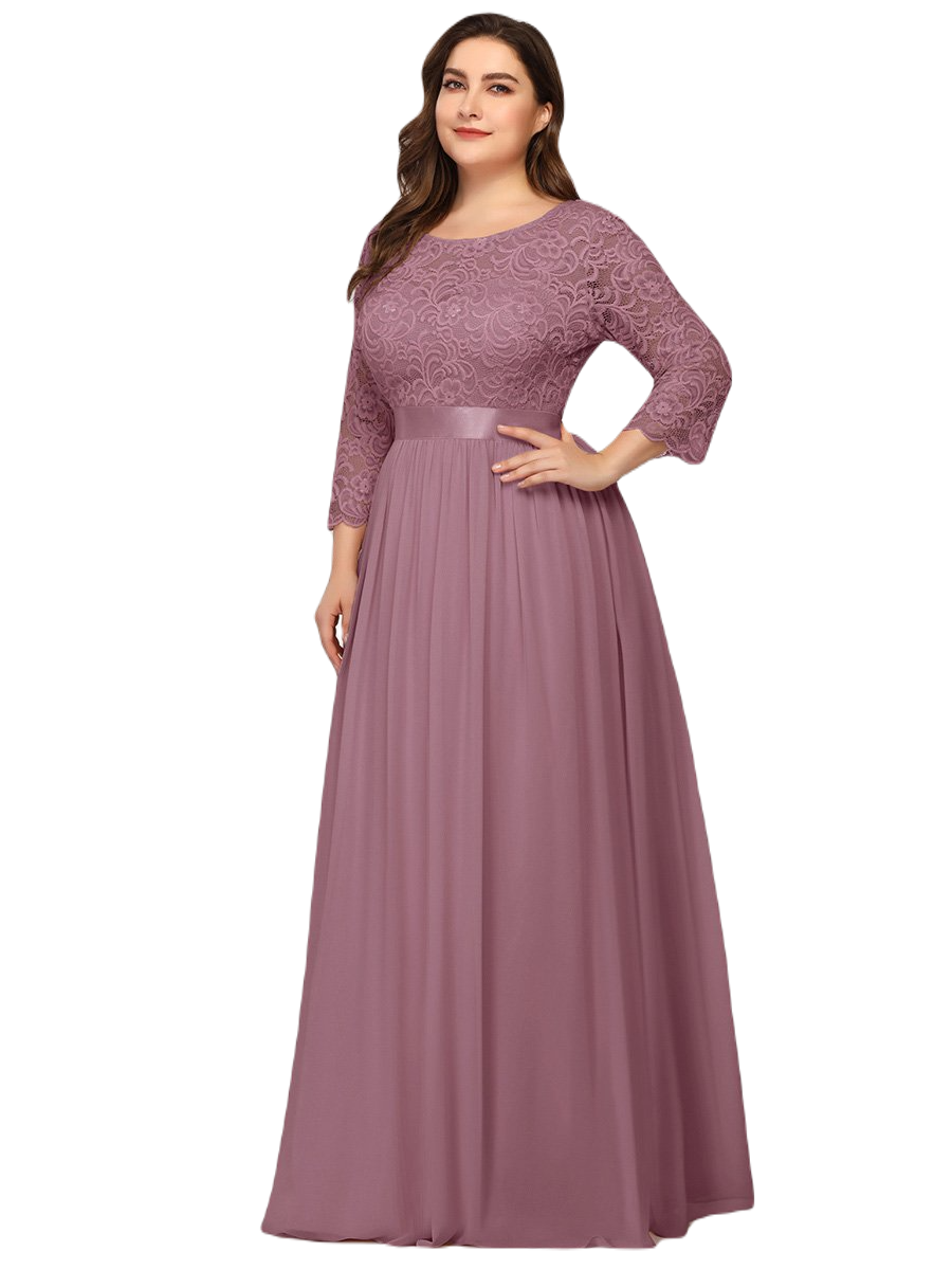 Vestido Elegante de Fiesta Largo Curvy Mauve Lila con Encaje Cuello Redondo Manga 3/4 T.Ch y Tallas Extra