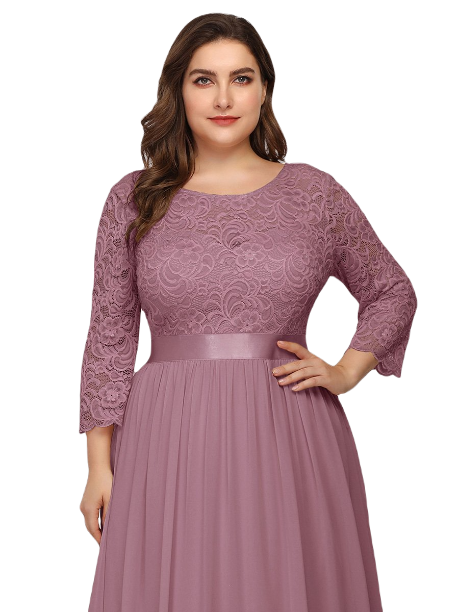 Vestido Elegante de Fiesta Largo Curvy Mauve Lila con Encaje Cuello Redondo Manga 3/4 T.Ch y Tallas Extra