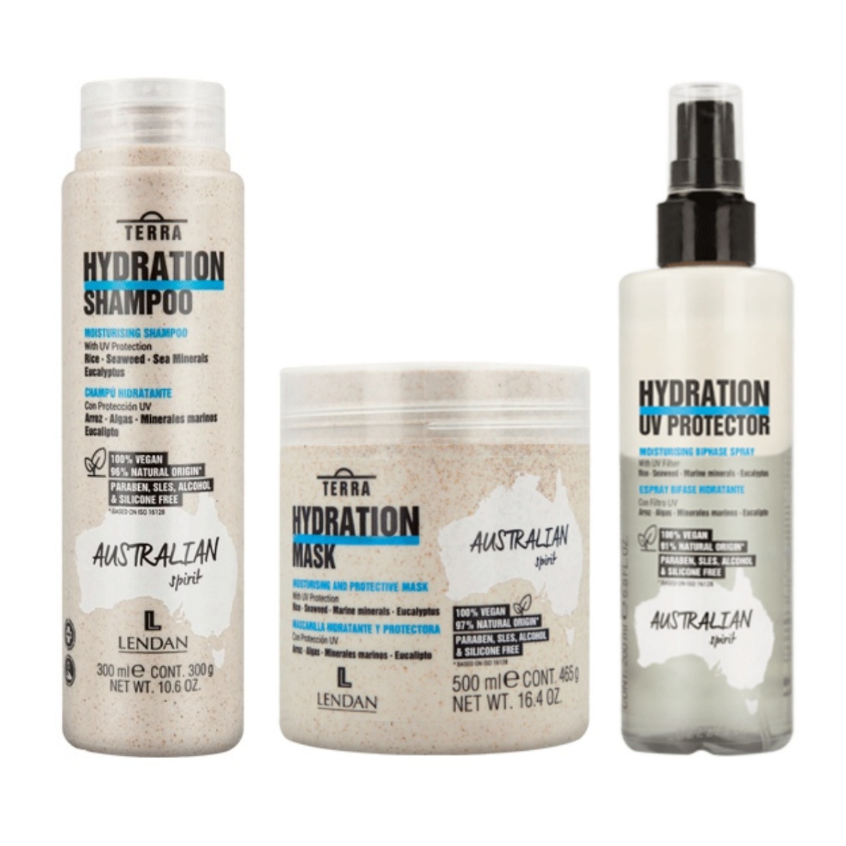 Lendan Terra Hydration Shampoo-Mascarilla-Spray Bifase Hidratante Australian Spirit kit 300/500/200ML