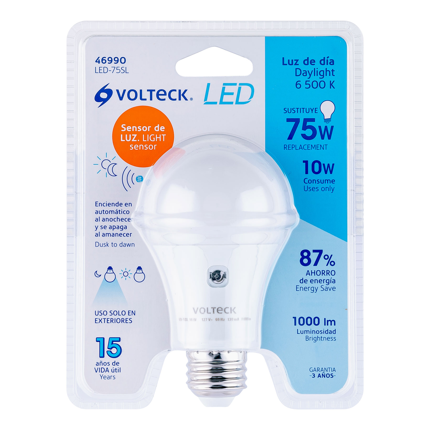 LÁMPARA LED TIPO BULBO A19 10 W CON SENSOR DE LUZ, VOLTECK 46990