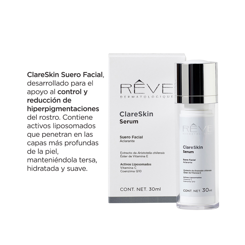 Reve Dermatologique - ClareSkin Serum - Suero Facial Aclarante - Extracto de Aristotelia Chilensis - Vitamina C, Vitamina E - Control de manchas - Todo tipo de piel - 30 ml 