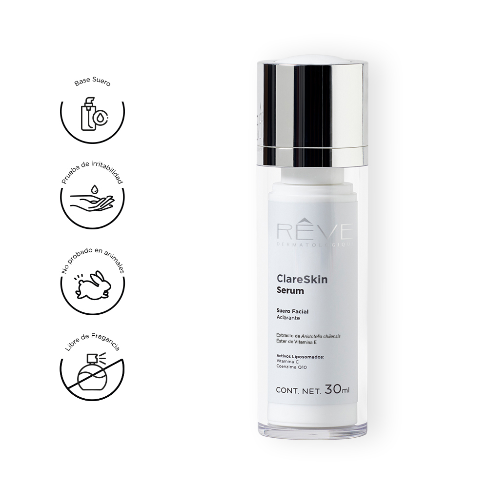 Reve Dermatologique - ClareSkin Serum - Suero Facial Aclarante - Extracto de Aristotelia Chilensis - Vitamina C, Vitamina E - Control de manchas - Todo tipo de piel - 30 ml 