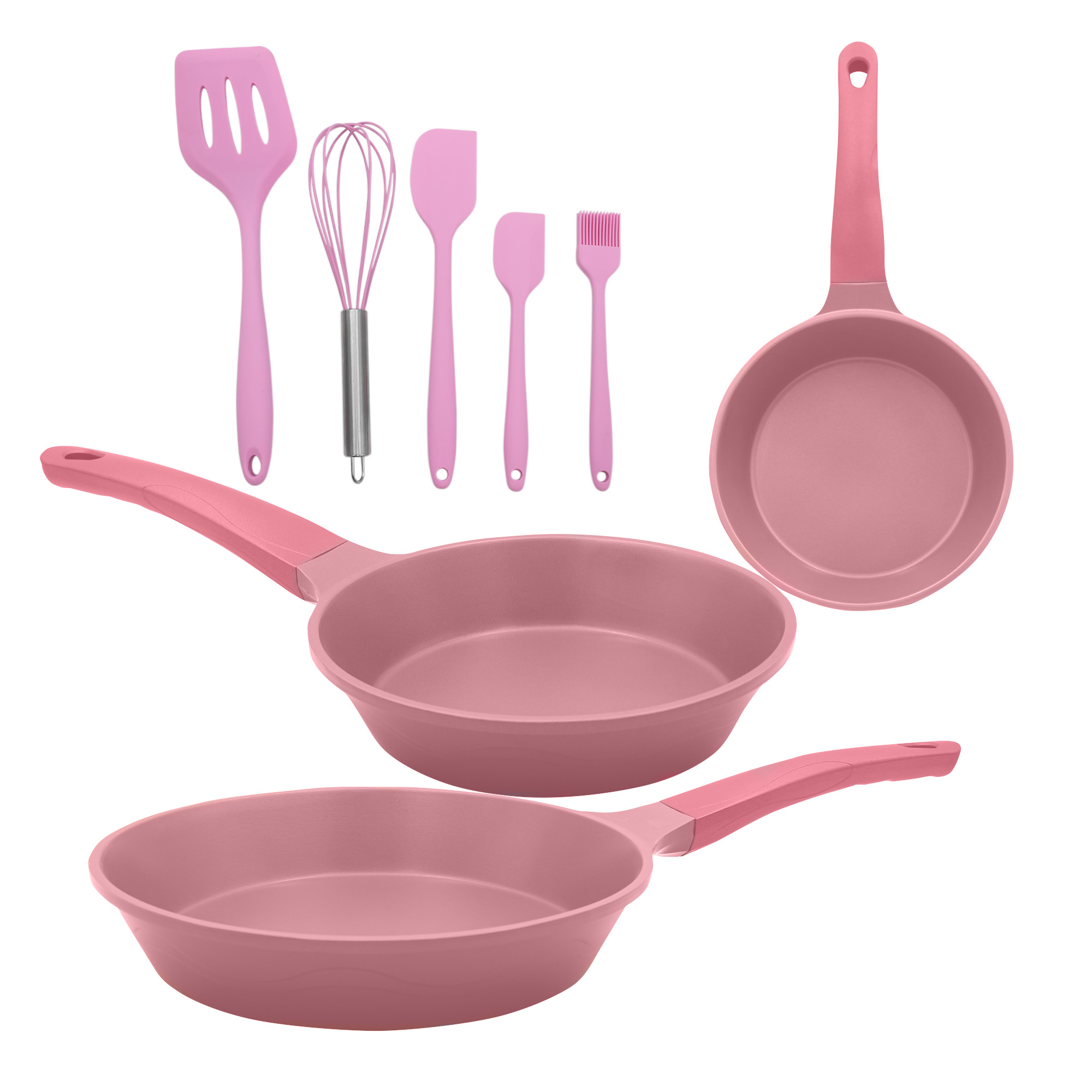 SET 3 SARTENES COLORS 20,23,28 CM ROSA CON UTENSILIOS