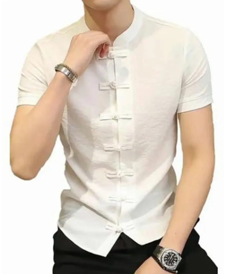 Camisa Hombre Cuello Mao Manga Corta Botón Chino - Bruce Lee