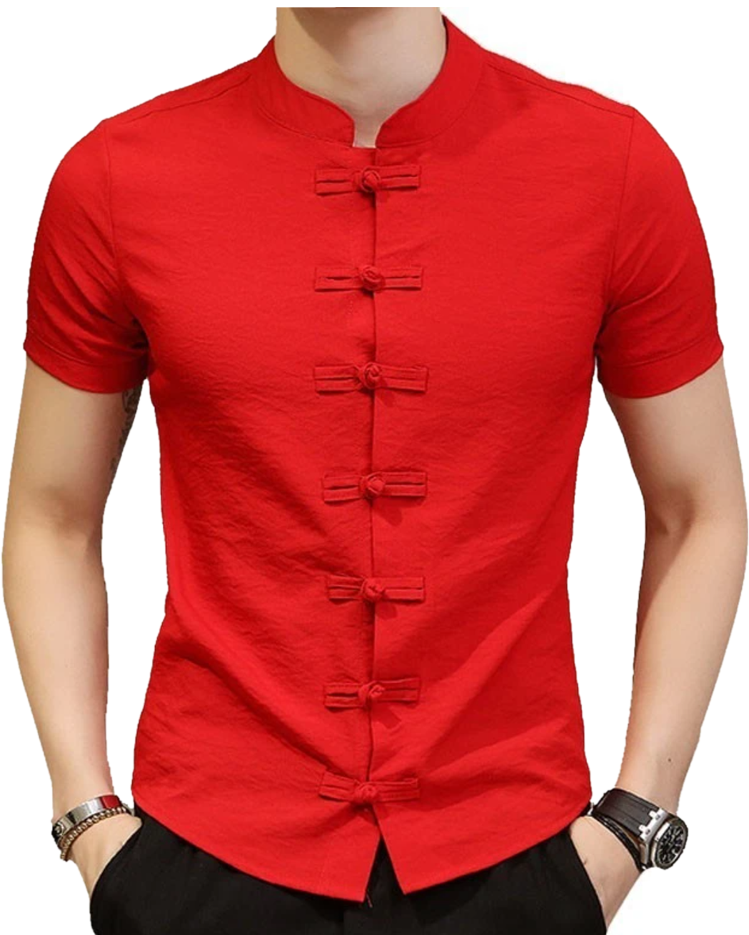 Camisa Hombre Cuello Mao Manga Corta Botón Chino - Bruce Lee