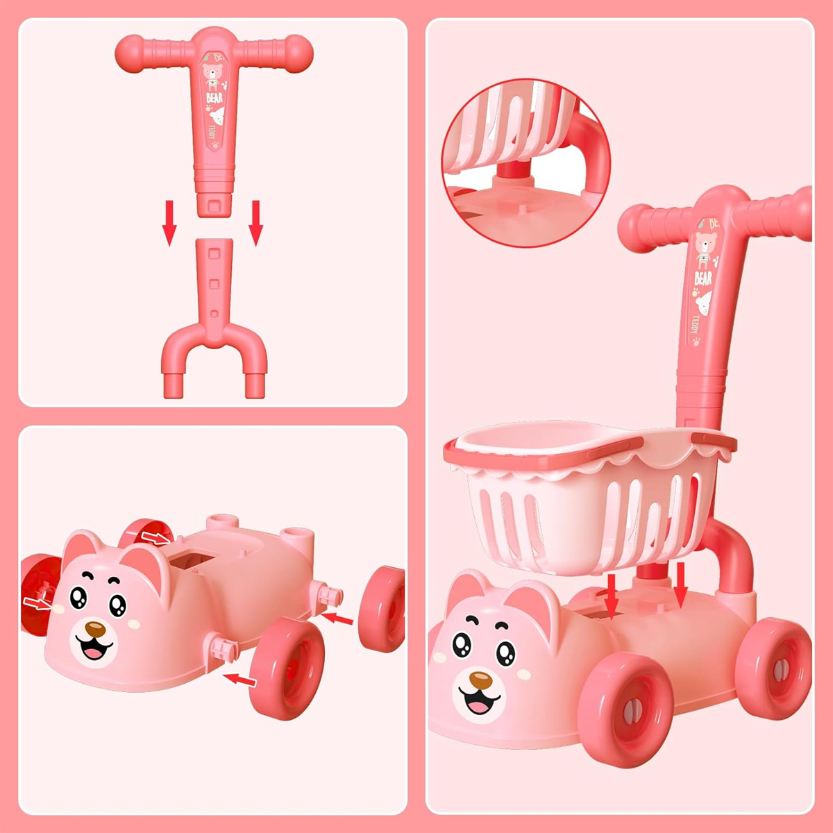 Carrito de Compras Supermercado Infantil Oso Rosa