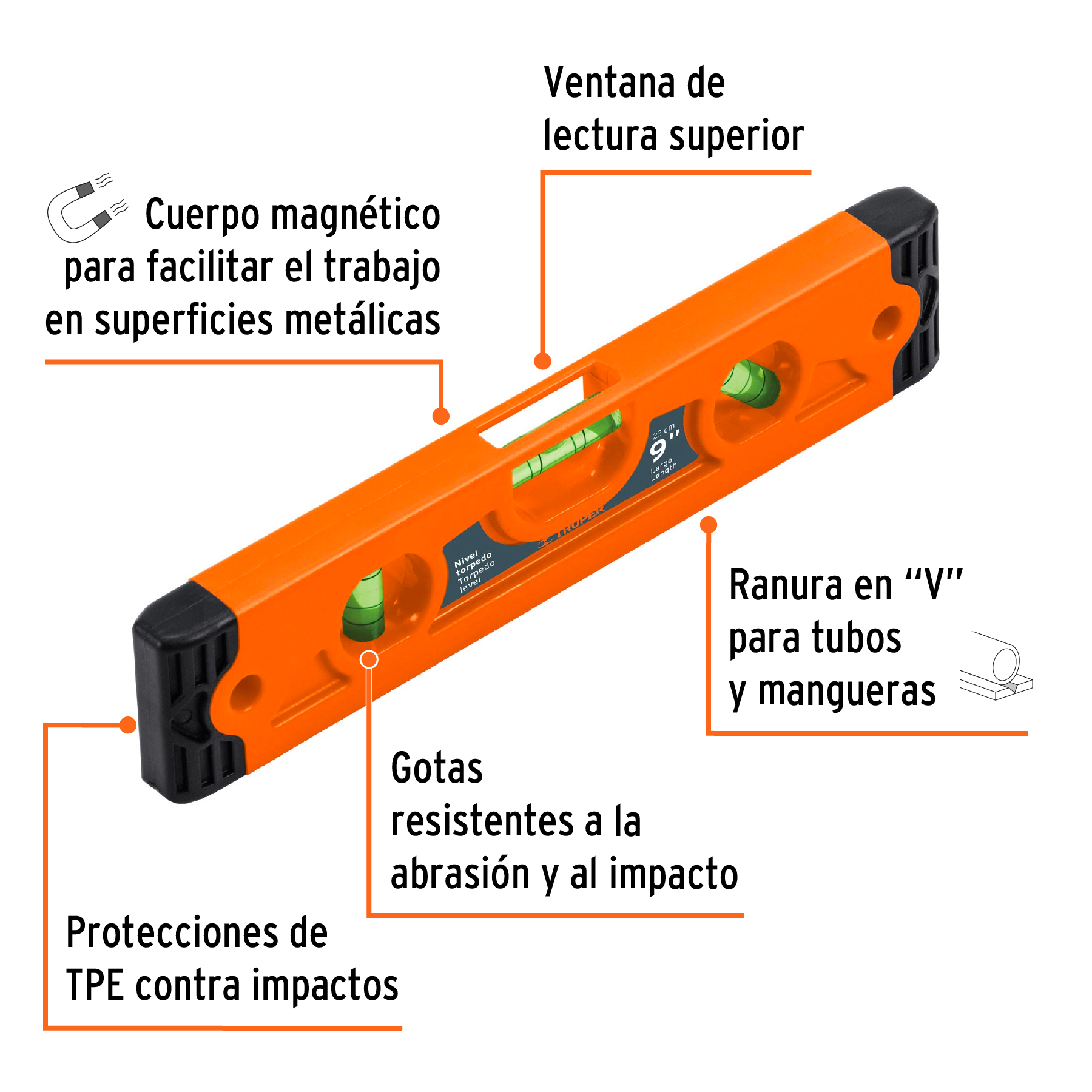 NIVEL TORPEDO DE 9 PULGADAS MAGNÉTICO CUERPO DE ABS, TRUPER 11223