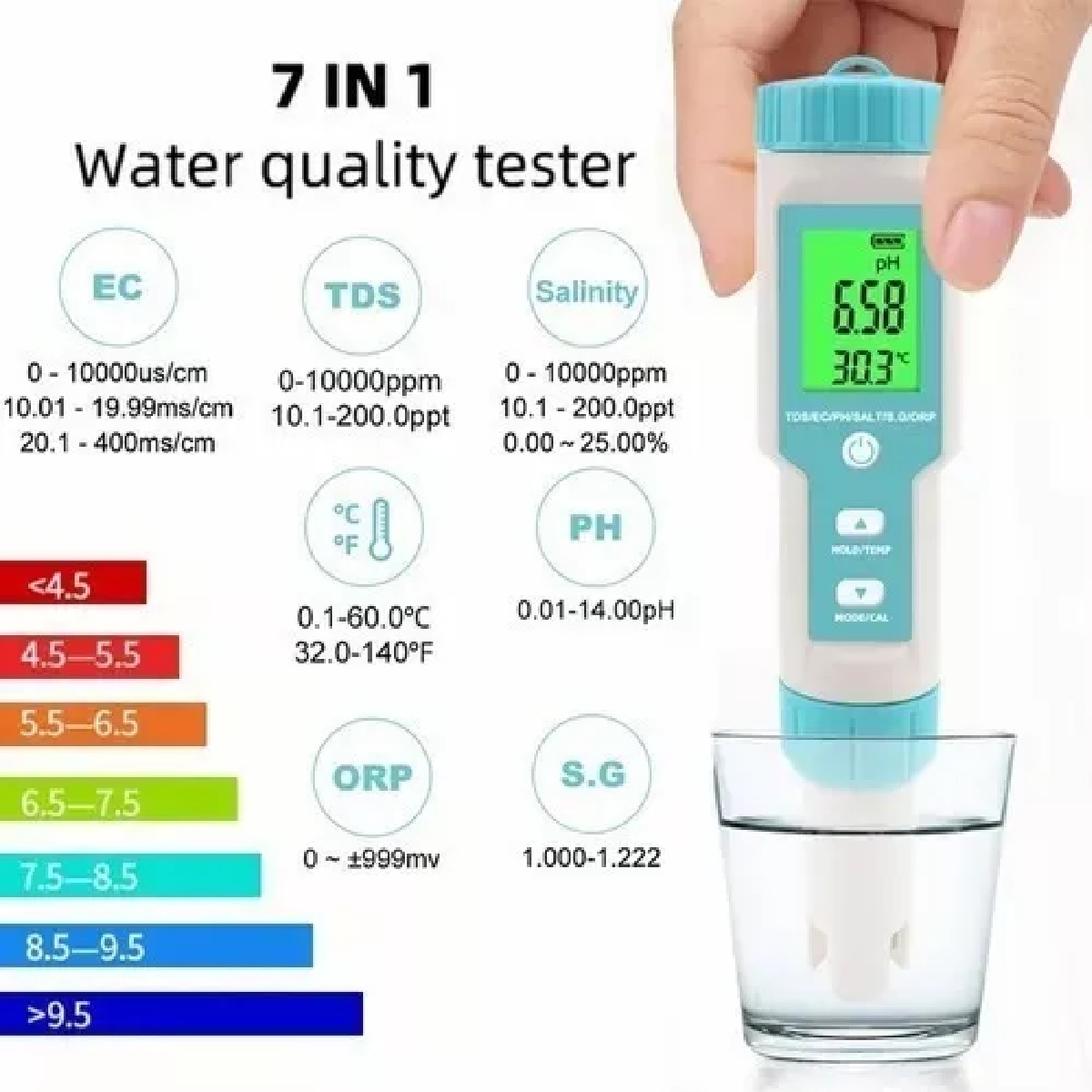 7 En 1 Medidor De Ph/ec/tds/orp/sg/salinidad/temperatura