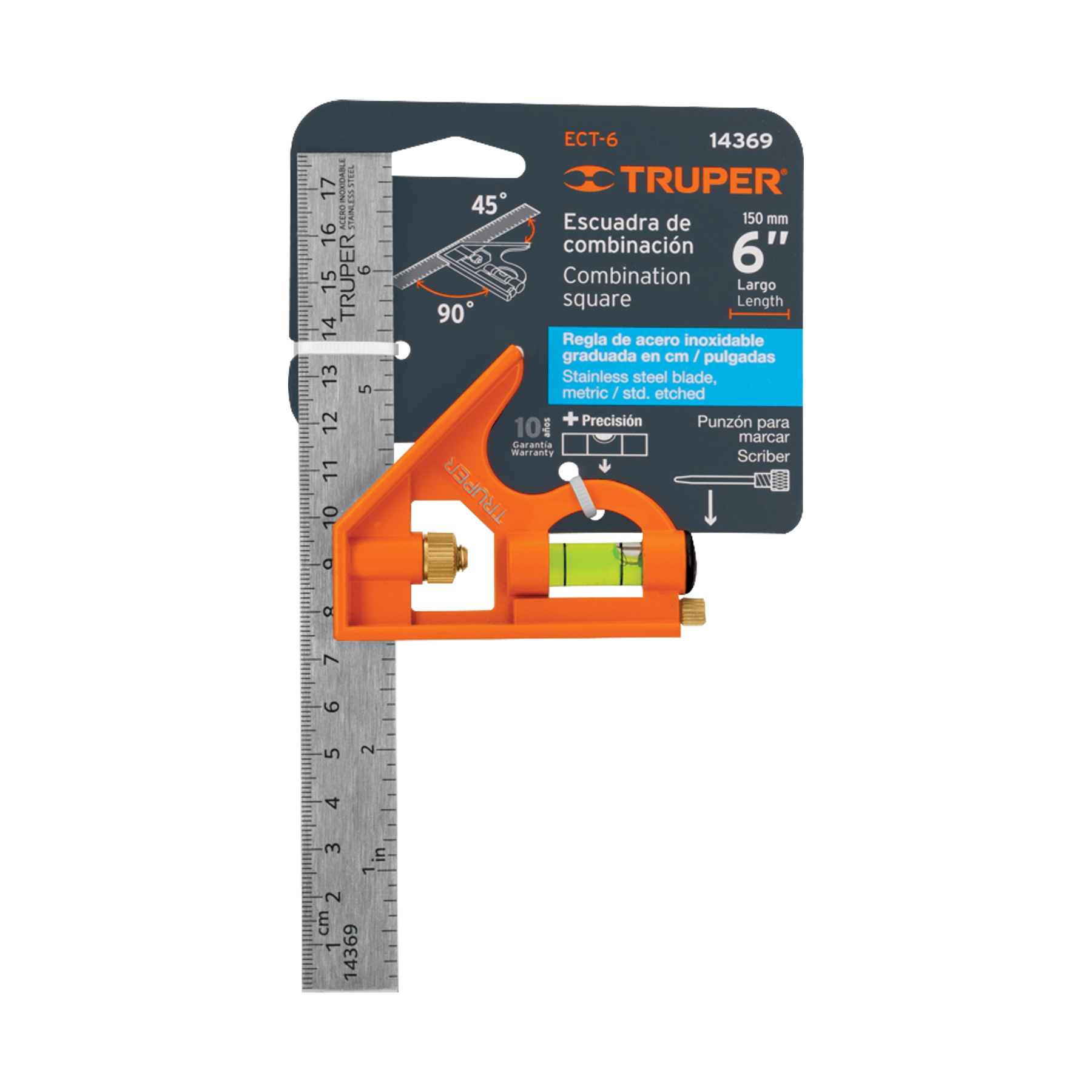 ESCUADRA 7" DE COMBINACIÓN CON PUNZÓN PARA MARCAR, TRUPER 14369