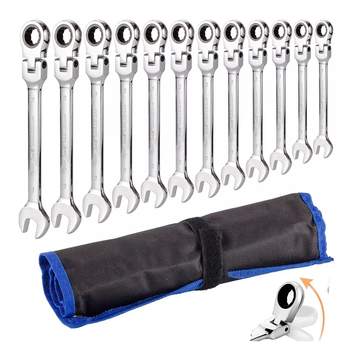 Juego 12 Pzs Llave Inglesa Combinada Tipo Matraca Ajustable