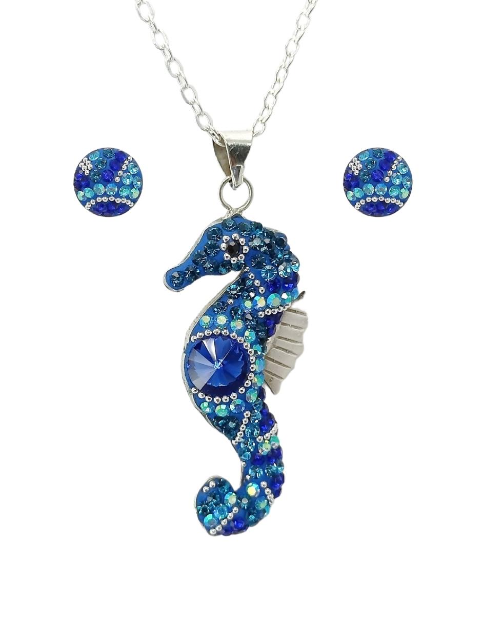 Collar y aretes Caballito de mar Azul de Plata .925 Joyería Zvezda