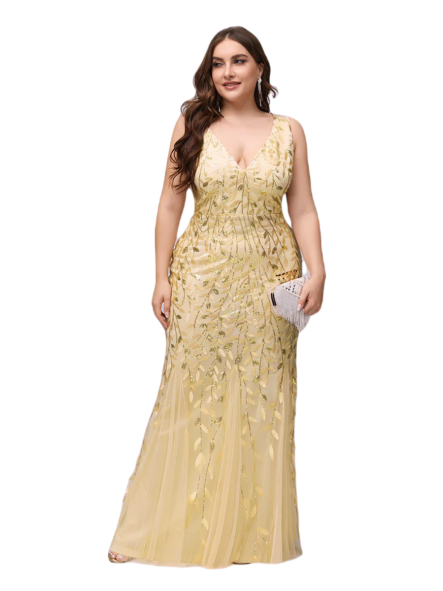 Vestido Elegante de Fiesta Largo Curvy Dorado Beige con Encaje Cuello Redondo Manga 3/4 T.Ch y Tallas Extra