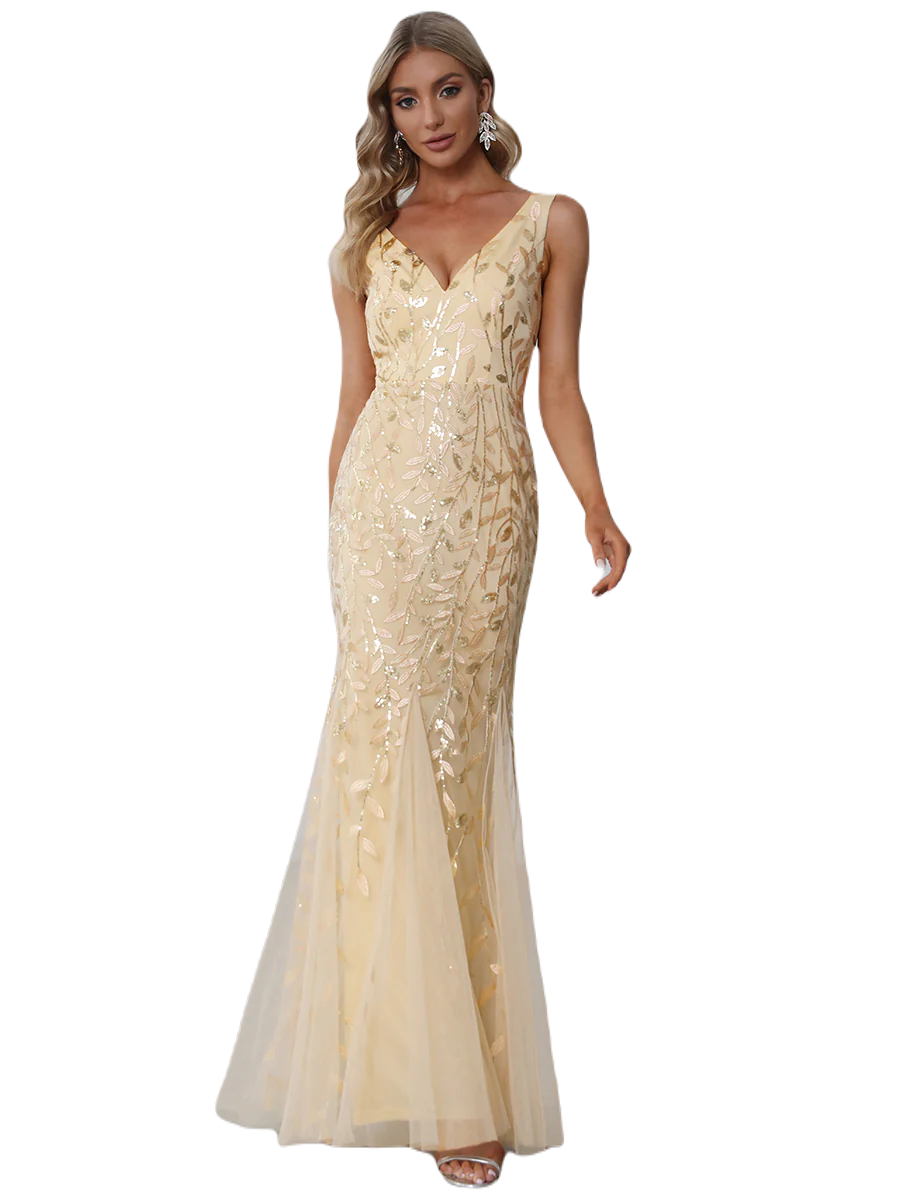 Vestido Elegante de Fiesta Largo Curvy Dorado Beige con Encaje Cuello Redondo Manga 3/4 T.Ch y Tallas Extra