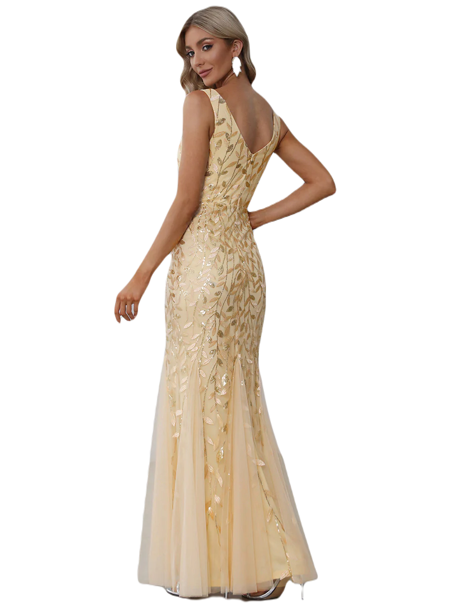 Vestido Elegante de Fiesta Largo Curvy Dorado Beige con Encaje Cuello Redondo Manga 3/4 T.Ch y Tallas Extra