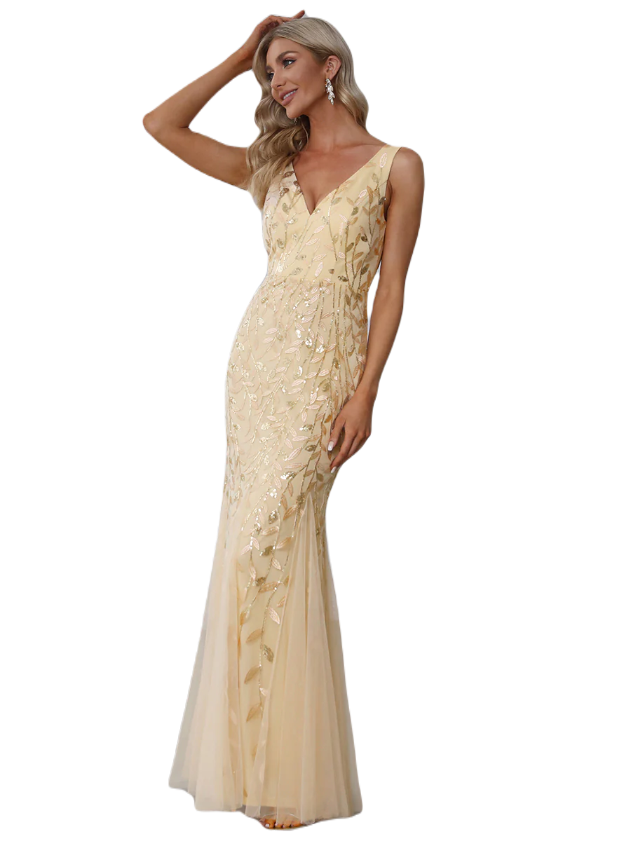 Vestido Elegante de Fiesta Largo Curvy Dorado Beige con Encaje Cuello Redondo Manga 3/4 T.Ch y Tallas Extra