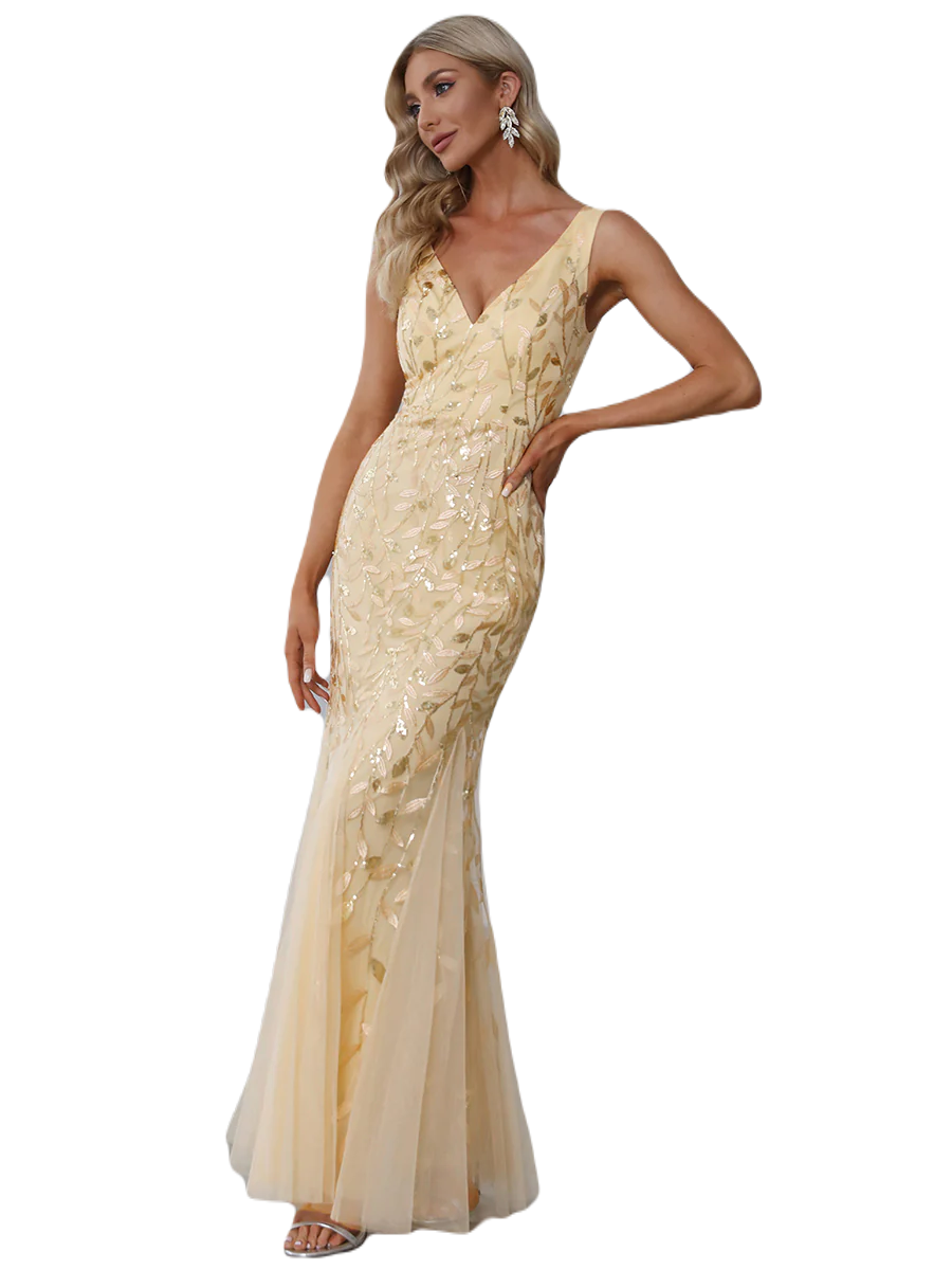 Vestido Elegante de Fiesta Largo Curvy Dorado Beige con Encaje Cuello Redondo Manga 3/4 T.Ch y Tallas Extra