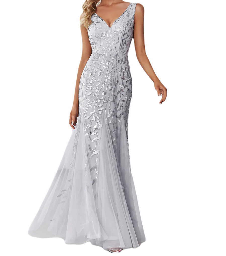 Vestido Elegante de Fiesta Largo Curvy Plata Gris Sirena Lentejuela Sin Manga T.Ch y Tallas Extra