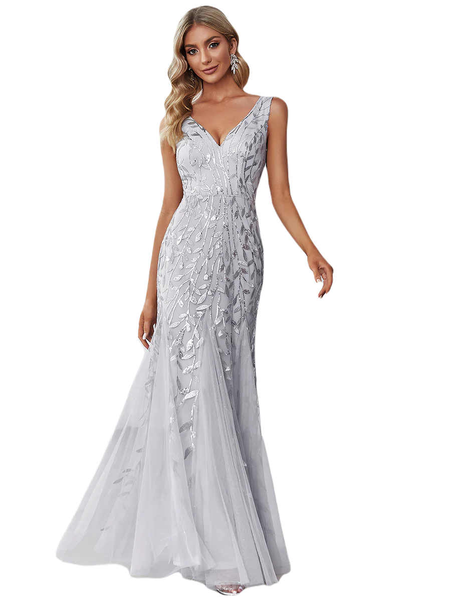 Vestido Elegante de Fiesta Largo Curvy Plata Gris Sirena Lentejuela Sin Manga T.Ch y Tallas Extra