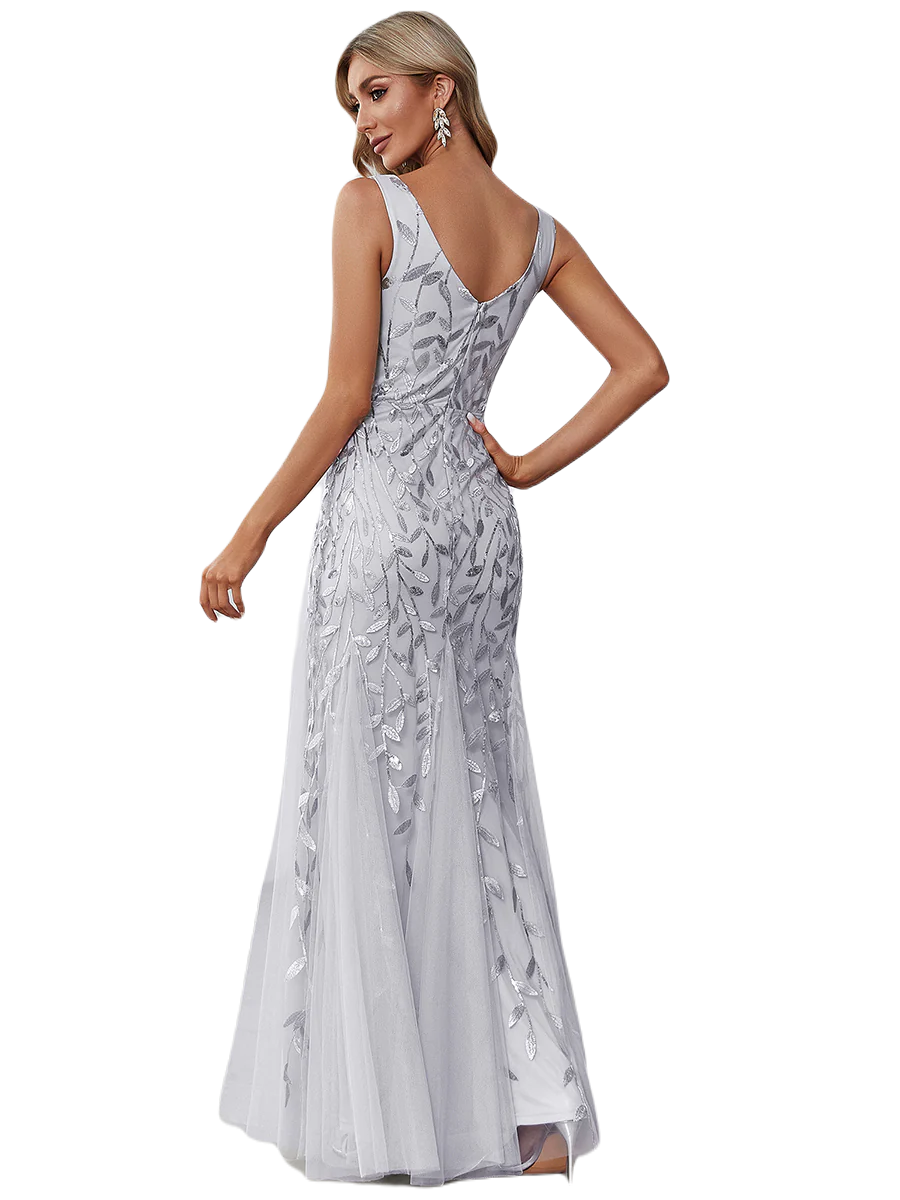 Vestido Elegante de Fiesta Largo Curvy Plata Gris Sirena Lentejuela Sin Manga T.Ch y Tallas Extra