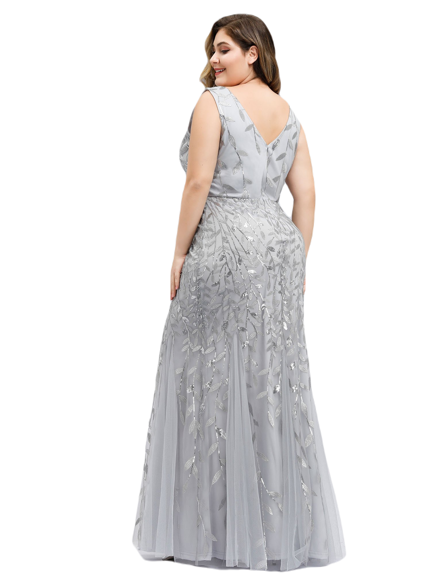 Vestido Elegante de Fiesta Largo Curvy Plata Gris Sirena Lentejuela Sin Manga T.Ch y Tallas Extra