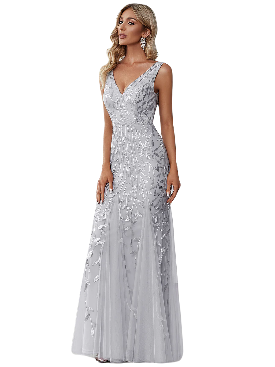 Vestido Elegante de Fiesta Largo Curvy Plata Gris Sirena Lentejuela Sin Manga T.Ch y Tallas Extra