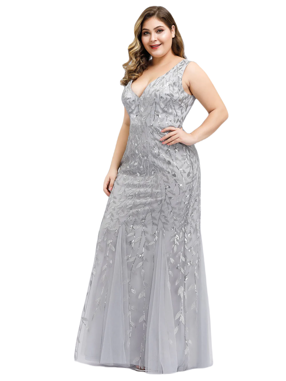 Vestido Elegante de Fiesta Largo Curvy Plata Gris Sirena Lentejuela Sin Manga T.Ch y Tallas Extra