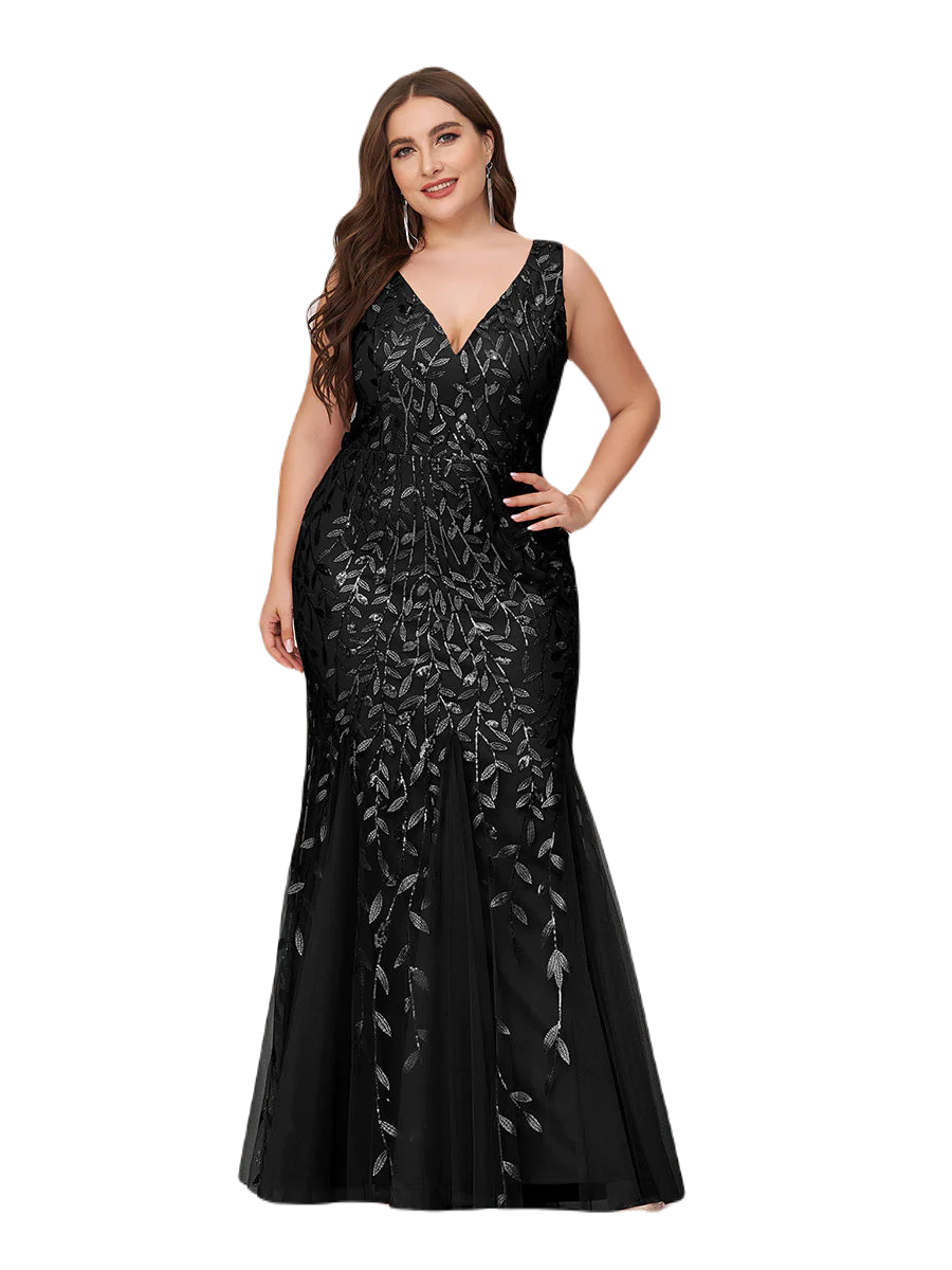 Vestido Elegante de Fiesta Largo Curvy Negro Sirena Lentejuela Sin Manga T.Ch y Tallas Extra