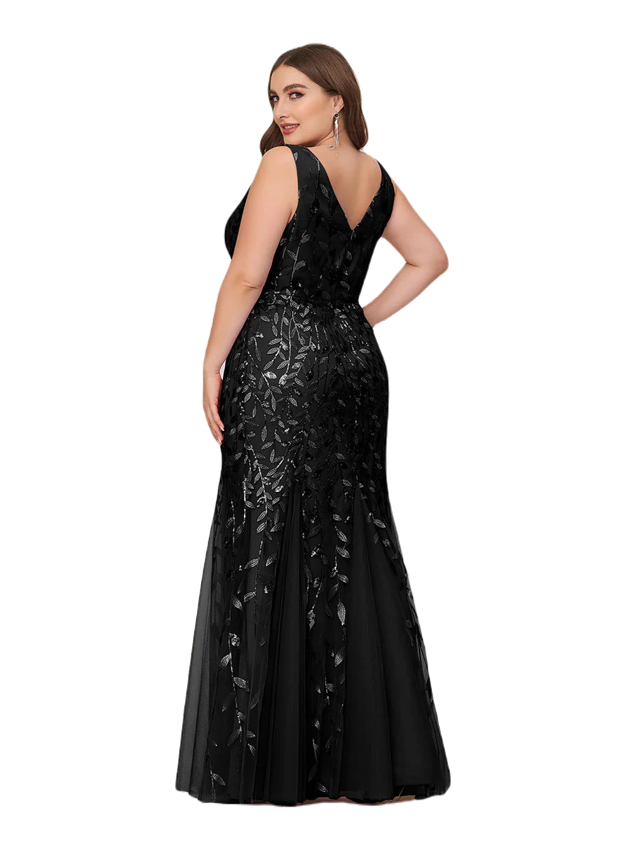 Vestido Elegante de Fiesta Largo Curvy Negro Sirena Lentejuela Sin Manga T.Ch y Tallas Extra