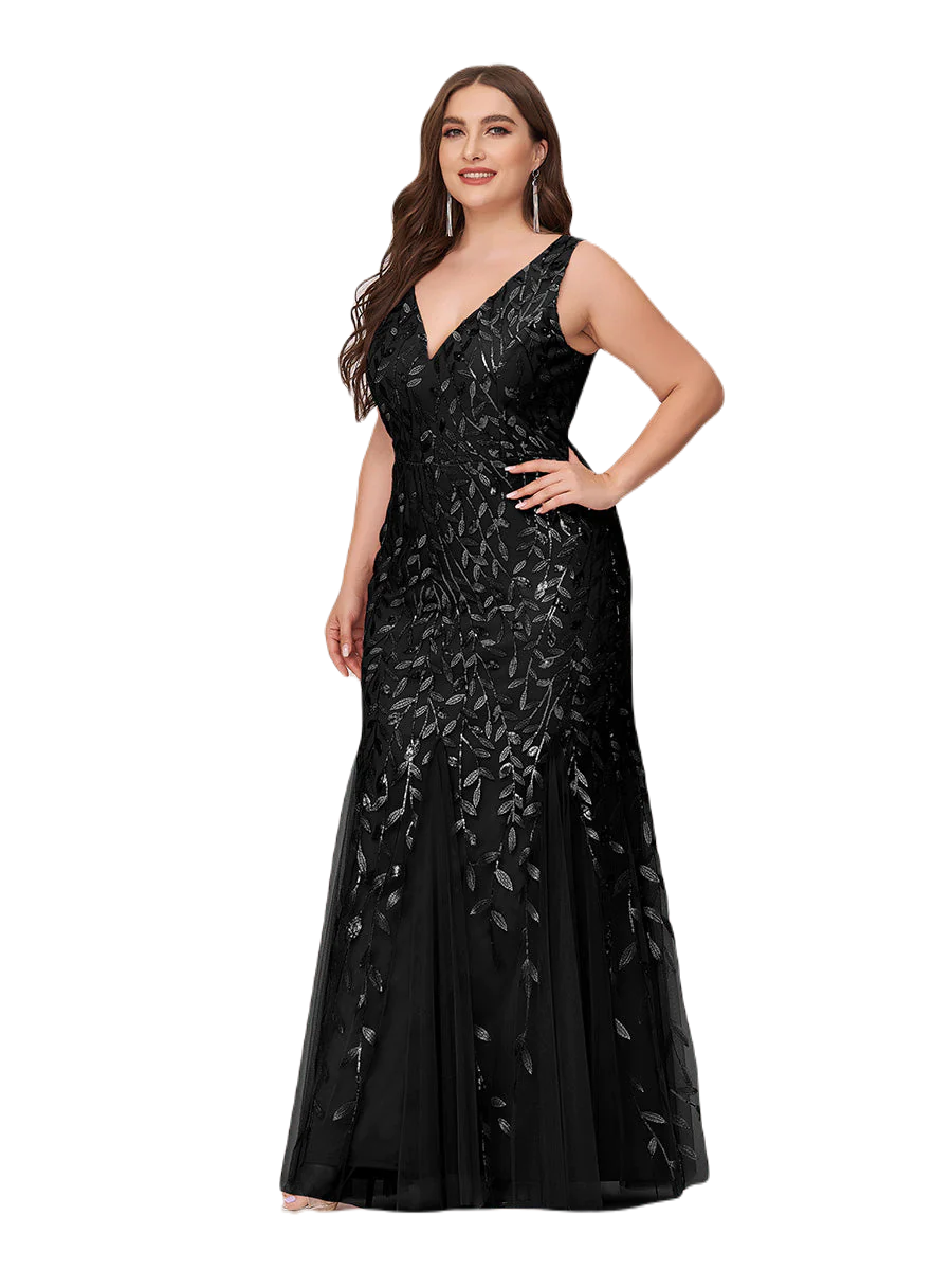 Vestido Elegante de Fiesta Largo Curvy Negro Sirena Lentejuela Sin Manga T.Ch y Tallas Extra