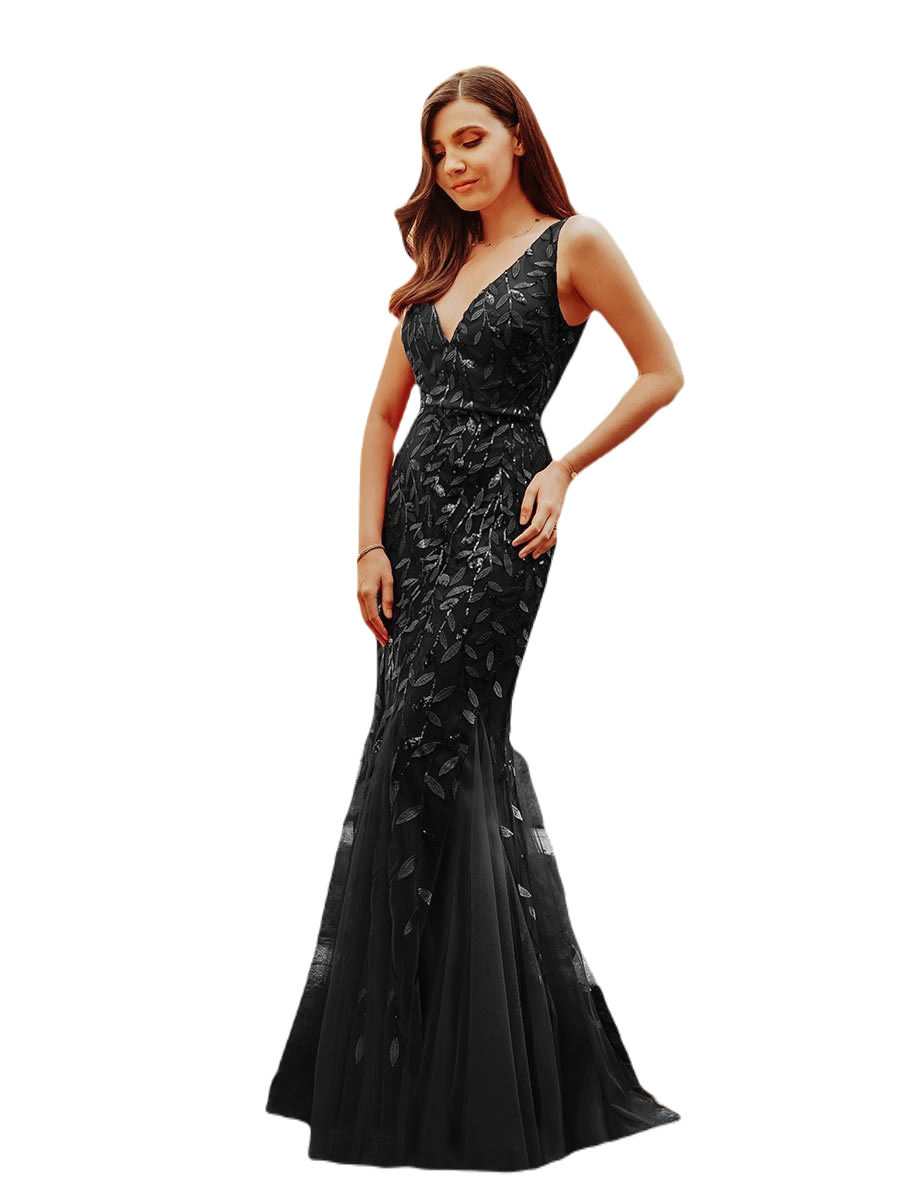 Vestido Elegante de Fiesta Largo Curvy Negro Sirena Lentejuela Sin Manga T.Ch y Tallas Extra