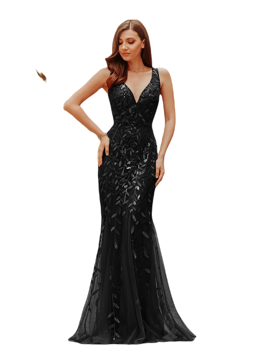 Vestido Elegante de Fiesta Largo Curvy Negro Sirena Lentejuela Sin Manga T.Ch y Tallas Extra