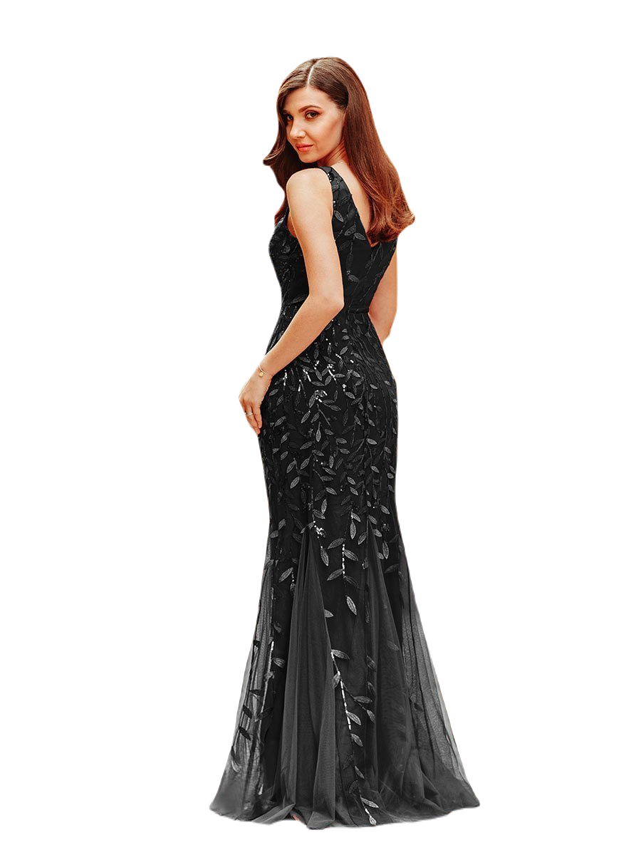 Vestido Elegante de Fiesta Largo Curvy Negro Sirena Lentejuela Sin Manga T.Ch y Tallas Extra