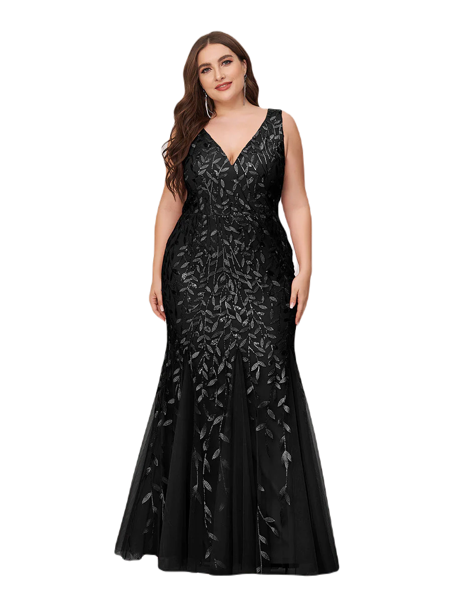 Vestido Elegante de Fiesta Largo Curvy Negro Sirena Lentejuela Sin Manga T.Ch y Tallas Extra