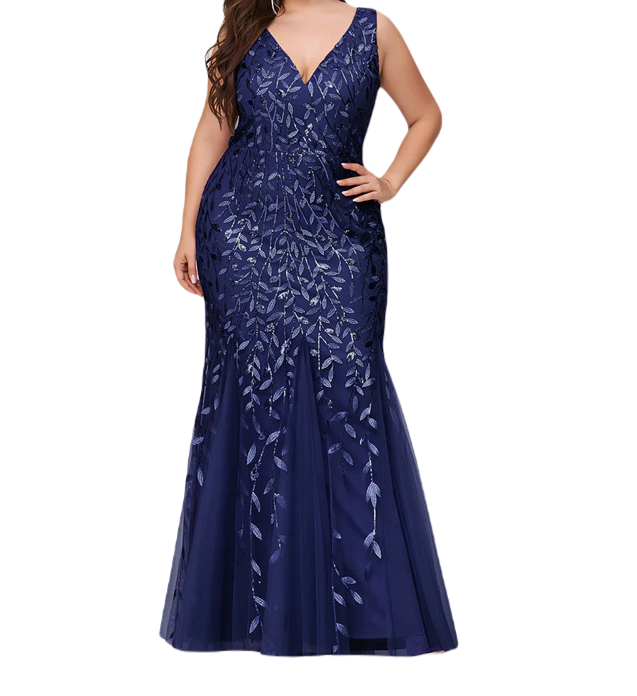 Vestido Elegante de Fiesta Largo Curvy Azul Marino Sirena Lentejuela Sin Manga T.Ch y Tallas Extra