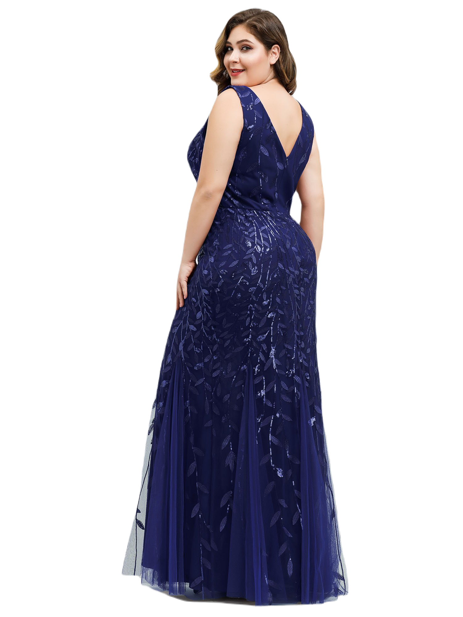 Vestido Elegante de Fiesta Largo Curvy Azul Marino Sirena Lentejuela Sin Manga T.Ch y Tallas Extra