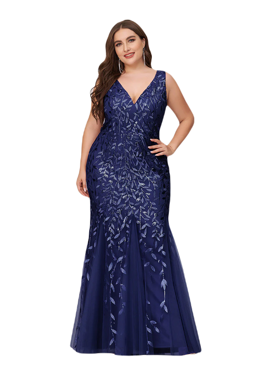 Vestido Elegante de Fiesta Largo Curvy Azul Marino Sirena Lentejuela Sin Manga T.Ch y Tallas Extra