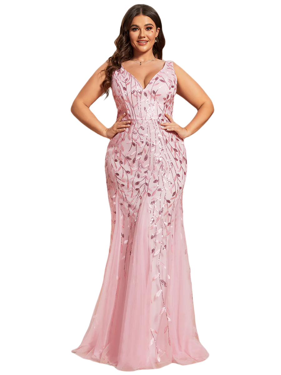 Vestido Elegante de Fiesta Largo Curvy Rosa Palo Sirena Lentejuela Sin Manga T.Ch y Tallas Extra