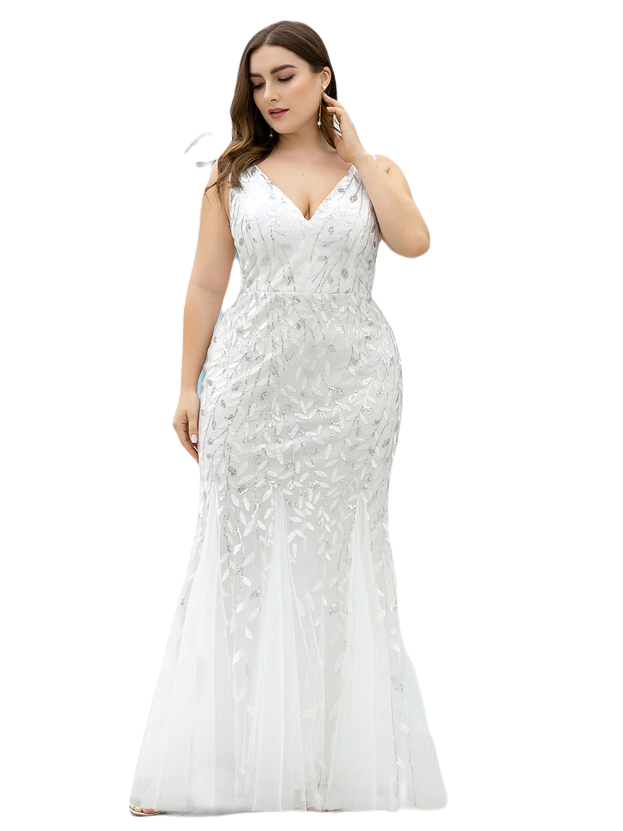 Vestido Elegante de Fiesta Largo Curvy Blanco Novia Boda Sirena Lentejuela Sin Manga T.Ch y Tallas Extra