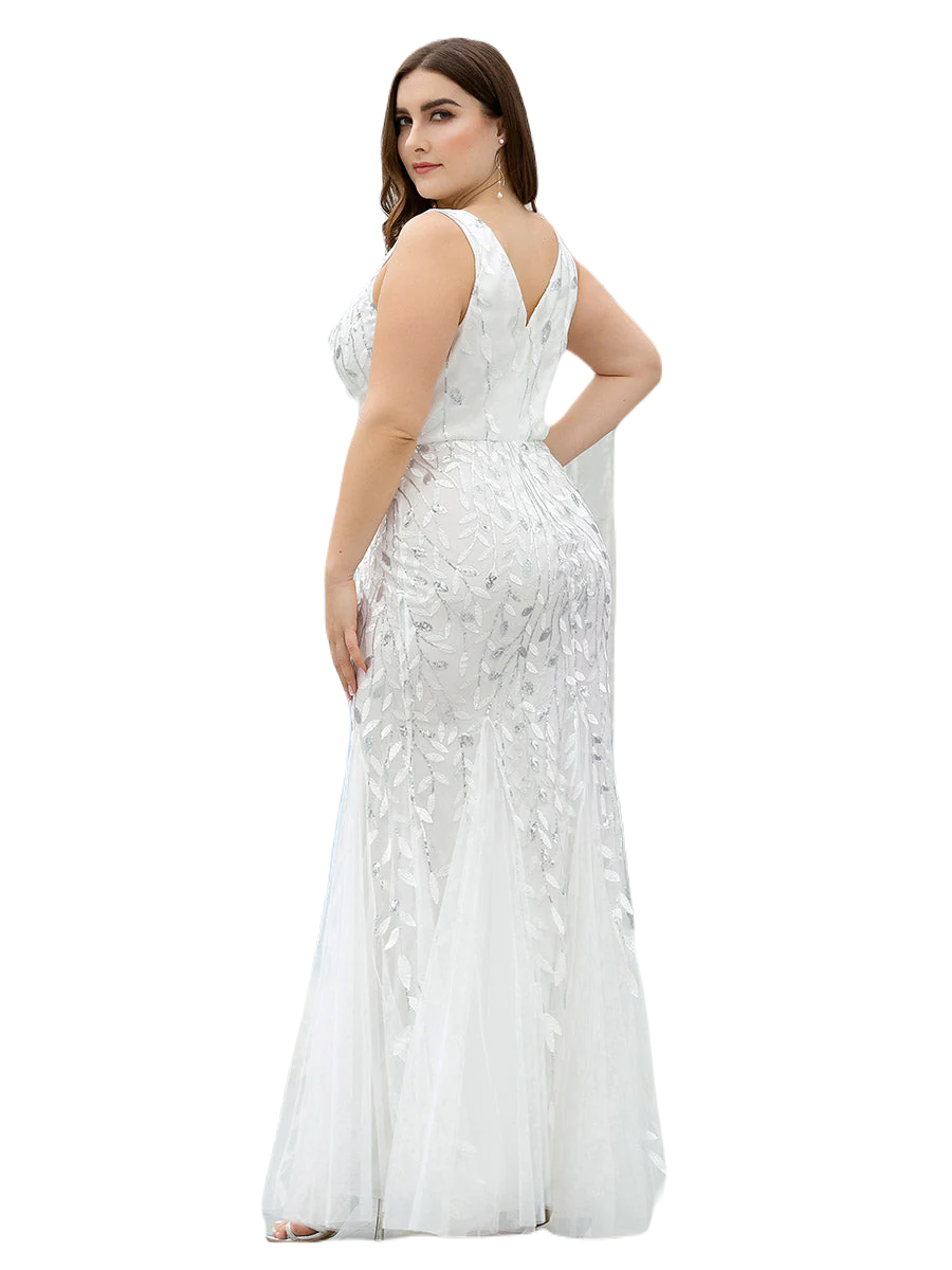 Vestido Elegante de Fiesta Largo Curvy Blanco Novia Boda Sirena Lentejuela Sin Manga T.Ch y Tallas Extra