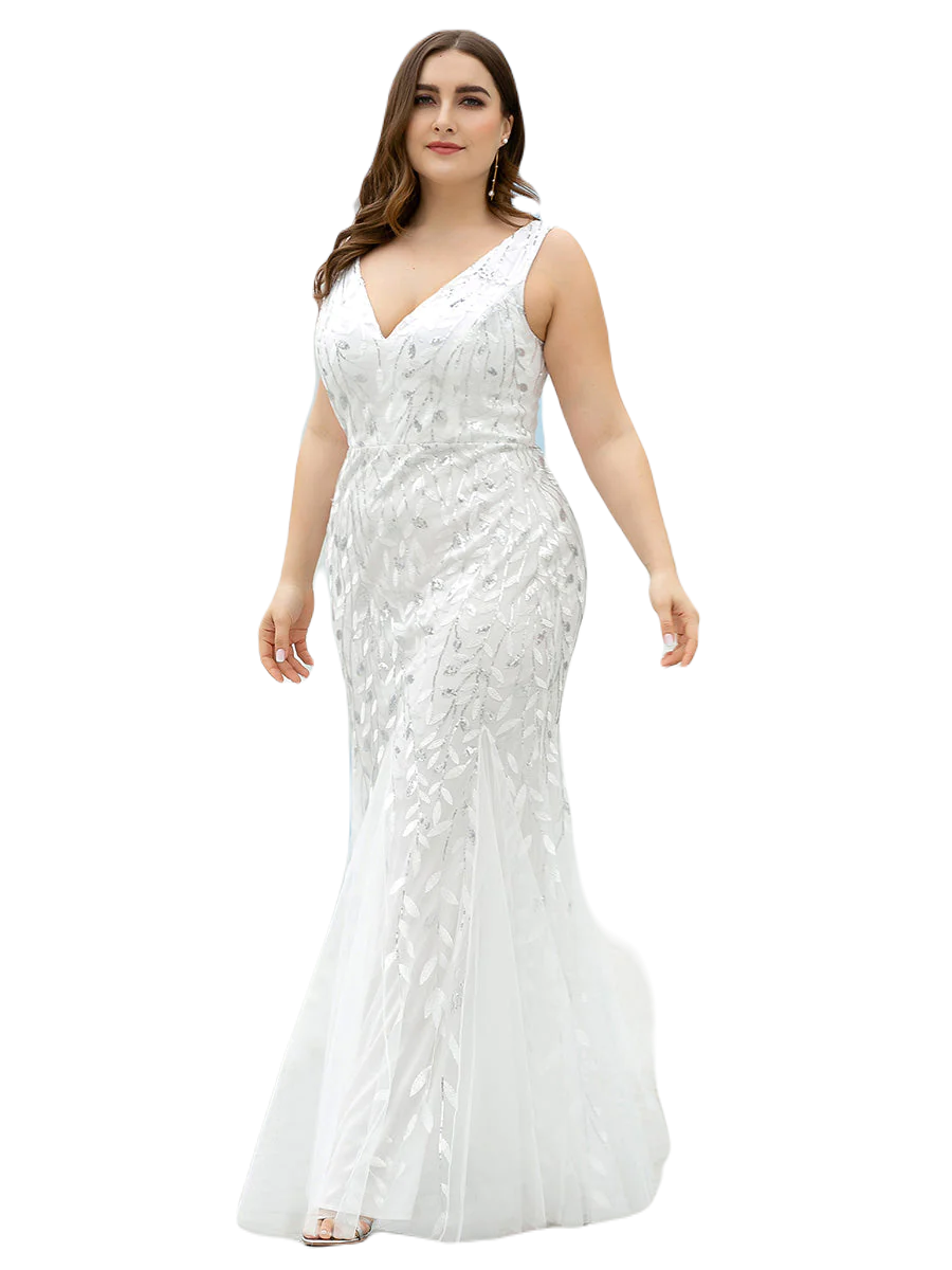 Vestido Elegante de Fiesta Largo Curvy Blanco Novia Boda Sirena Lentejuela Sin Manga T.Ch y Tallas Extra