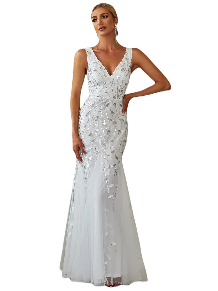 Vestido Elegante de Fiesta Largo Curvy Blanco Novia Boda Sirena Lentejuela Sin Manga T.Ch y Tallas Extra