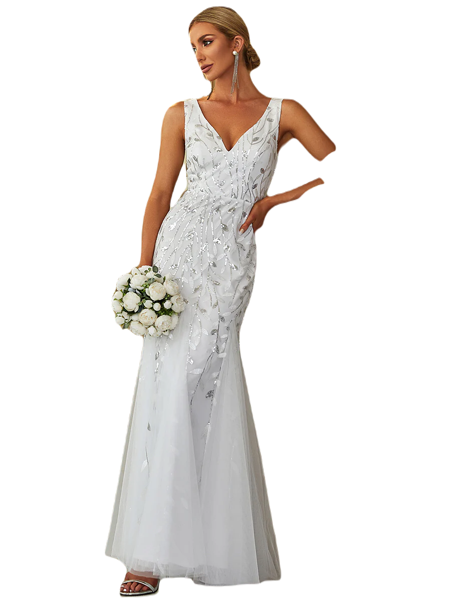 Vestido Elegante de Fiesta Largo Curvy Blanco Novia Boda Sirena Lentejuela Sin Manga T.Ch y Tallas Extra