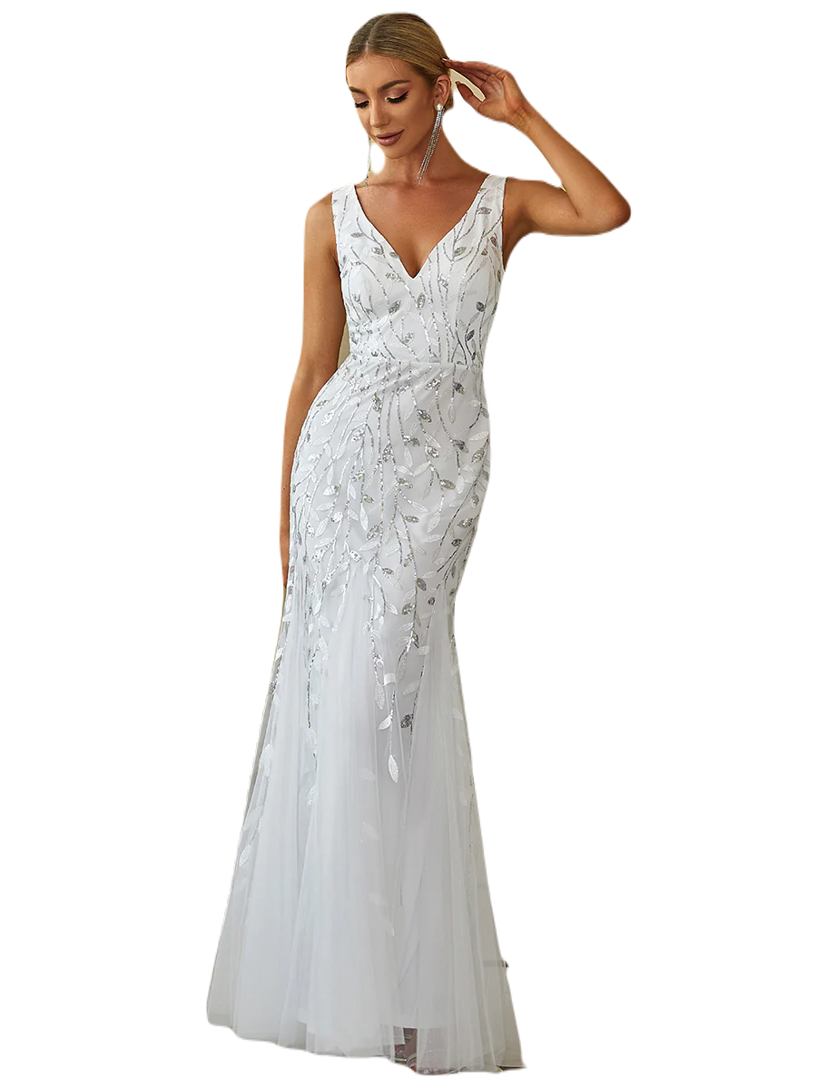 Vestido Elegante de Fiesta Largo Curvy Blanco Novia Boda Sirena Lentejuela Sin Manga T.Ch y Tallas Extra